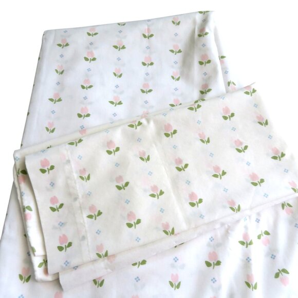 Vintage Double Flat Sheet Standard Pillowcase Set Pink Tulips Made In USA - Picture 4 of 11